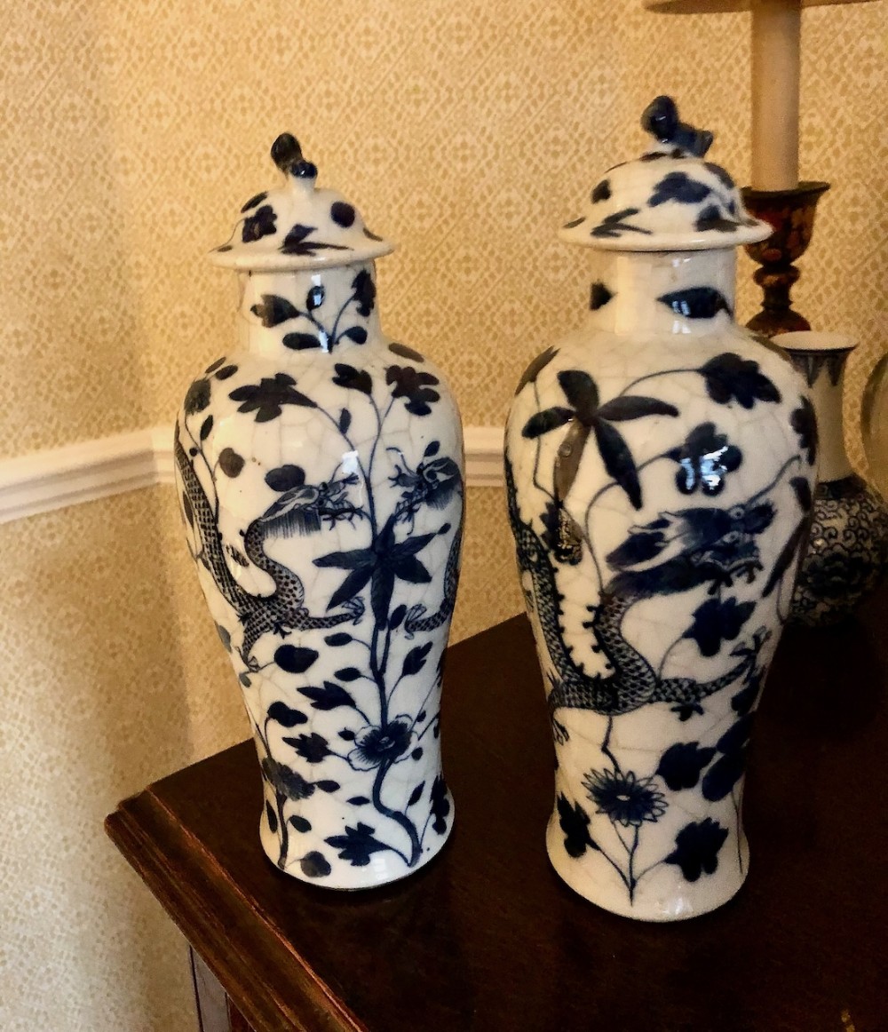 A Pair of Antique Chinese Blue & White Crackle Glaze Vases and Covers