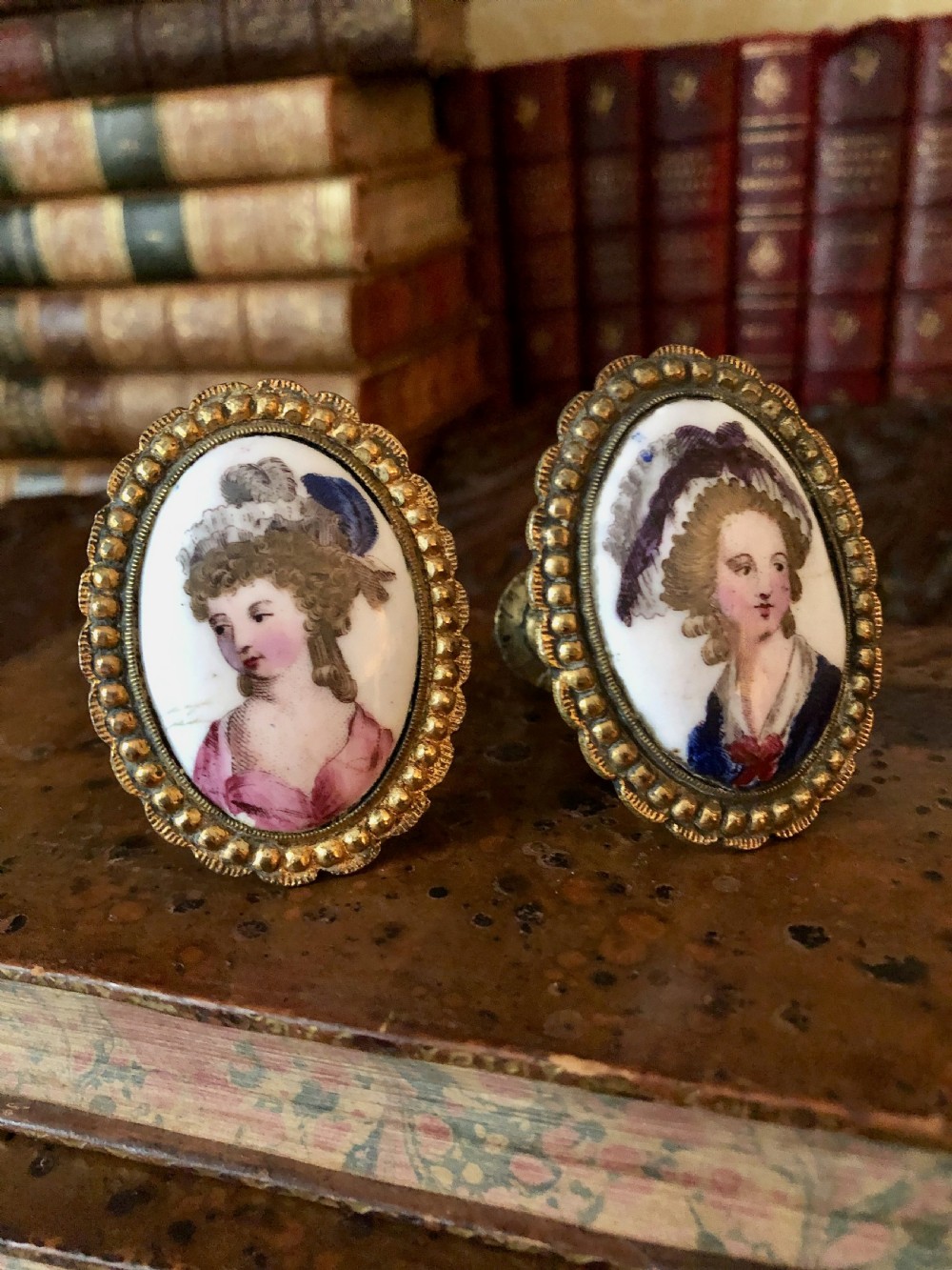 A Pair of Charming 18th Century Enamel and Gilt Curtain Tie Backs c. 1780