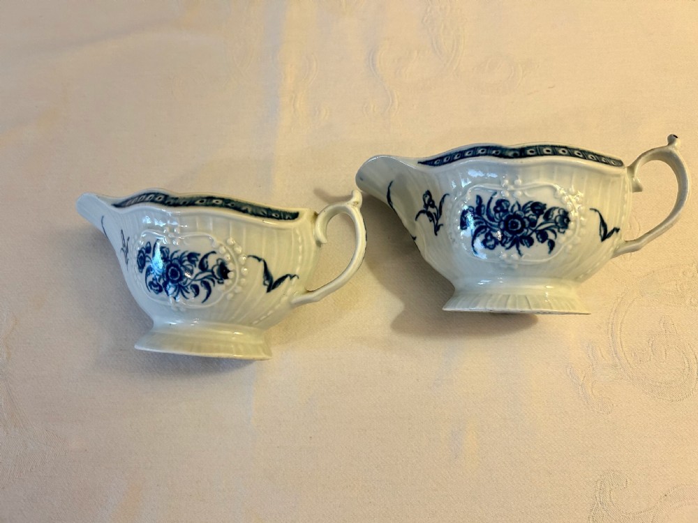 A Pair of 1st Period Blue and White Worcester Sauce Boats - Strap Flute Floral View V