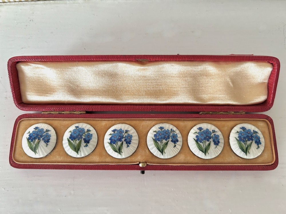 A set of six circular Edwardian silver buttons decorated with blue forget-me-not flowers on white guilloche enamel, displayed inside a fitted red presentation case. View III