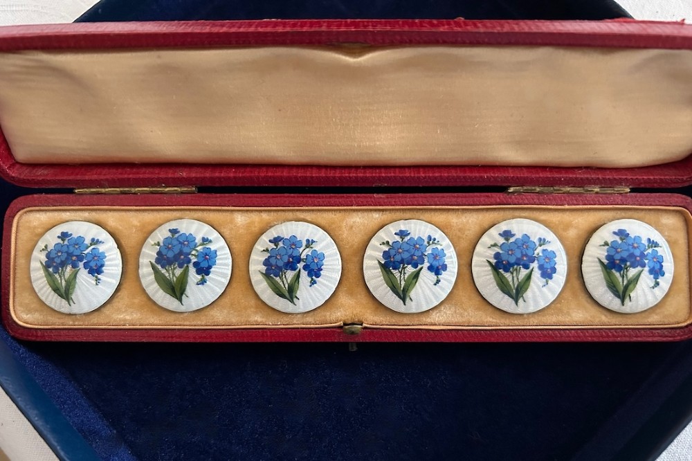A set of six circular Edwardian silver buttons decorated with blue forget-me-not flowers on white guilloche enamel, displayed inside a fitted red presentation case. View IV
