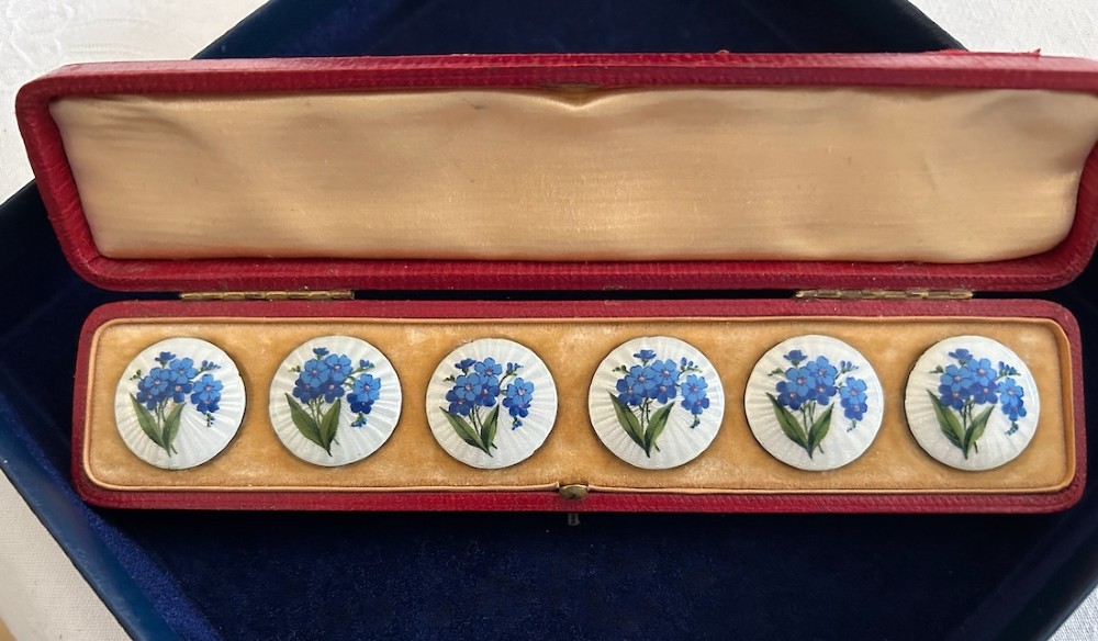 A set of six circular Edwardian silver buttons decorated with blue forget-me-not flowers on white guilloche enamel, displayed inside a fitted red presentation case. View V