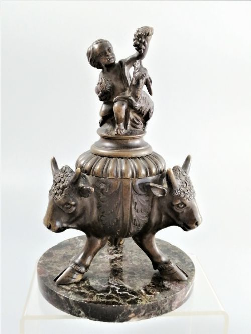 Bronze Grand Tour Inkwell of Young Bacchus and Buck, on a Base of Bronze Bulls, 1850