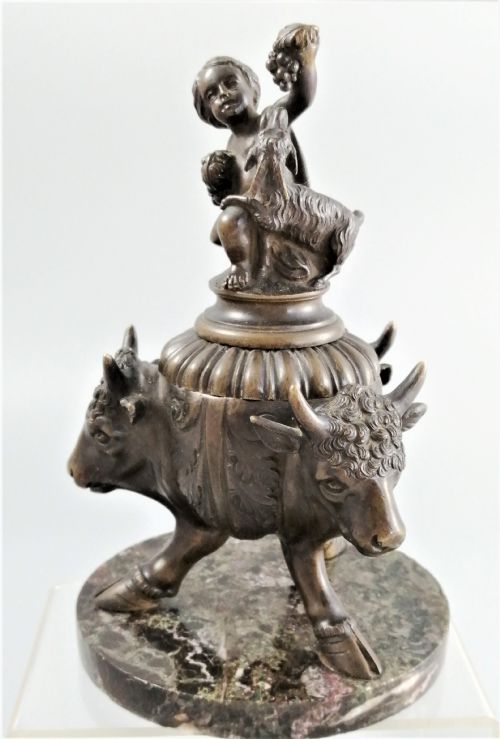 fig 1. Bronze Grand Tour Inkwell of Young Bacchus and buck, on a base of Bronze Bulls, 1850