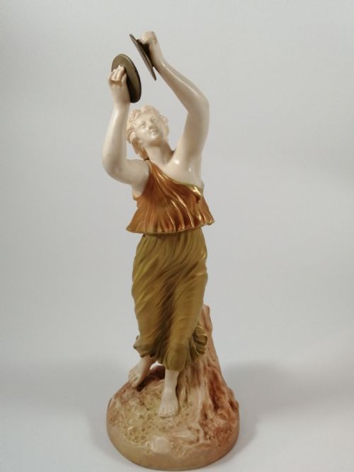 Antique Royal Worcester Hadley Figurine « Woman with Cymbals » ,Shot Enamel ,?.1890