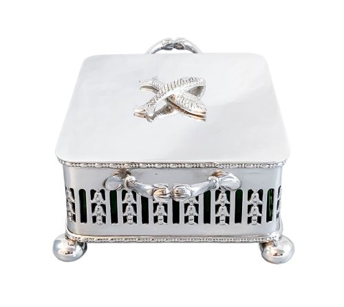 fig 2. Mappin & Webb silver-plate and green glass sardines box,?.1870