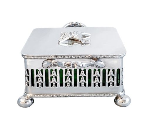 fig 4. Mappin & Webb silver-plate and green glass sardines box,?.1870