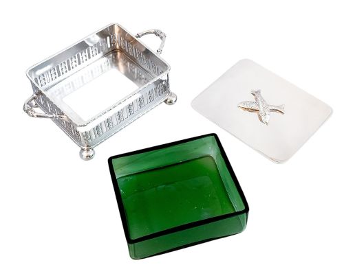 fig 5. Mappin & Webb silver-plate and green glass sardines box,?.1870