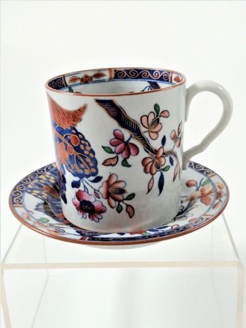 Antique Spode Stone China Coffee Cap and Saucer in Tobacco Leaf Pattern("cabbage Pattern") , C. 1810