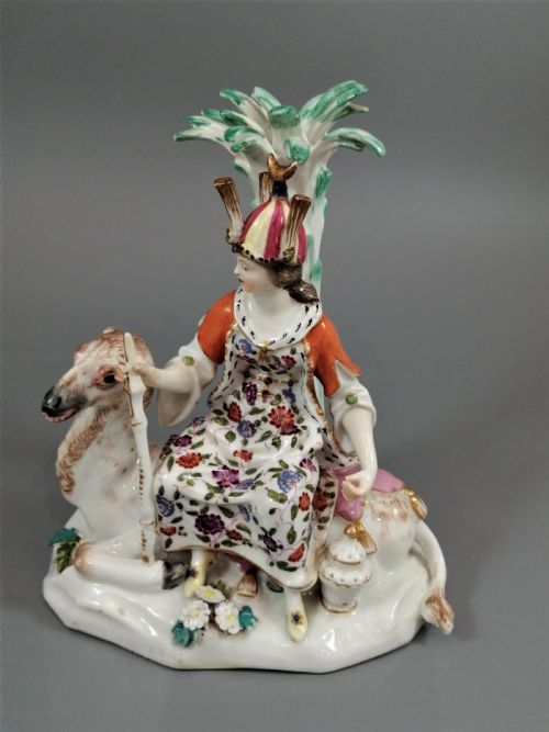 fig 1. An 18th-century Chelsea soft-paste porcelain figurine depicting an allegorical female figure of Asia seated beside a camel beneath a palm tree.
