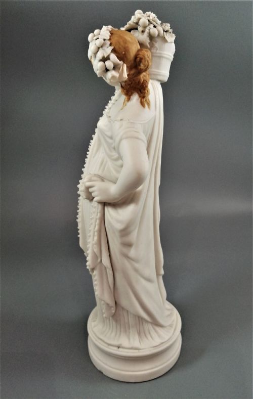 fig 2. A nineteenth-century Victorian Parian ware figurine depicting a classically draped maiden holding a fruit basket on her shoulder.