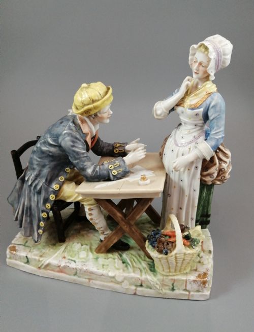 Antique Porcelain Figurine Ackermann & Fritze Volkstedt "Village Clerk", Early 20th Century
