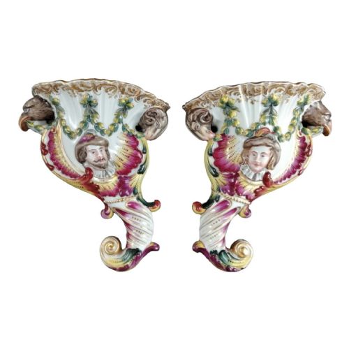 fig 1. Pair of antique porcelain Rudolstadt Volkstedt wall pockets, mid 19th century