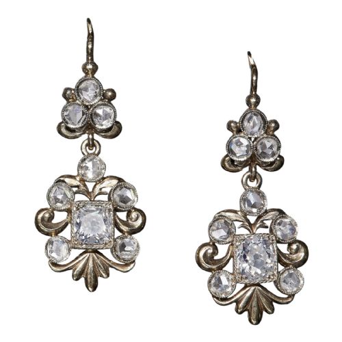 Antique Edwardian 2.10 Ct Rose & Old-cut Diamond Drop Trefoil Cluster Earrings, Boxed