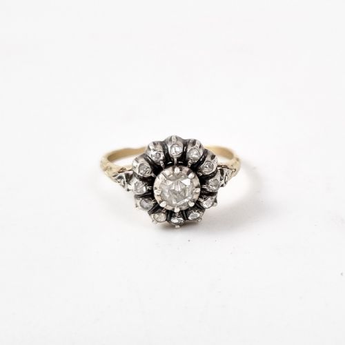 fig 1. Antique Victorian rose-cut diamond & yellow gold flower cluster ring, size O ½, Georgian style