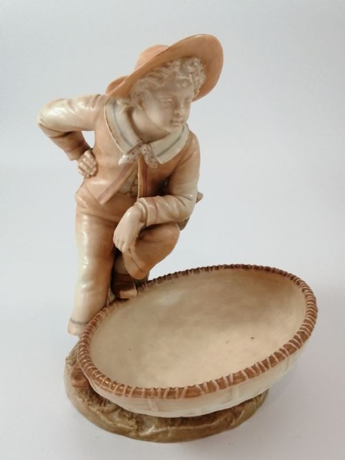 Antique James Hadley Royal Worcester Boy with Basket, Sweetmeat,candy Dish, 1889