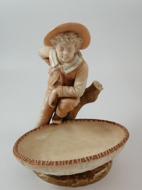 fig 1. Antique James Hadley Royal Worcester Boy with Basket, Sweetmeat,Candy Dish, 1889