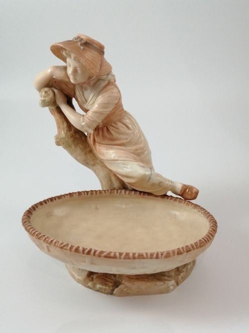 fig 1. Antique James Hadley Royal Worcester Girl with Basket, Sweetmeat,Candy Dish, 1889