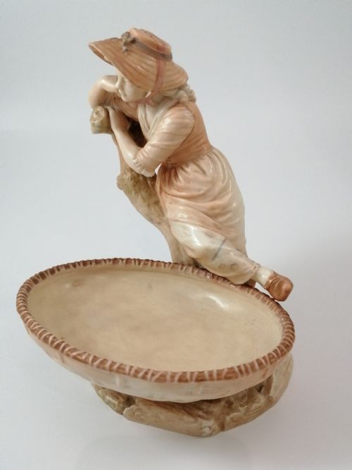fig 2. Antique James Hadley Royal Worcester Girl with Basket, Sweetmeat,Candy Dish, 1889
