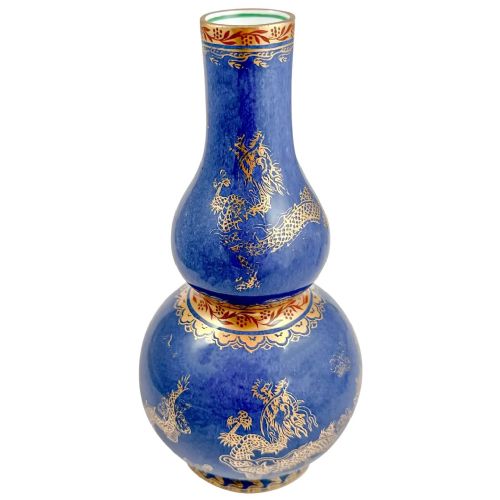 Antique 1900'S Wedgwood Daisy Makeig-jones Porcelain Blue and Gold Double Gourd "Celestial Dragon" Vase