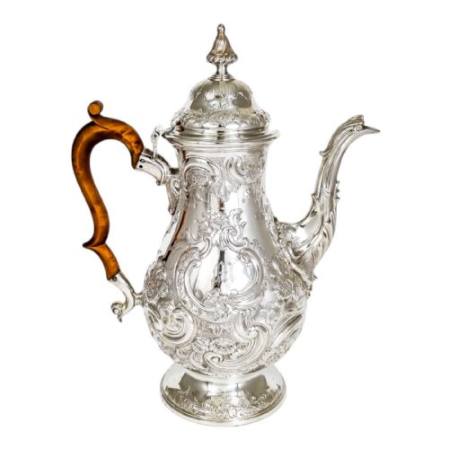 Antique George III Sterling Silver Pear-shaped Rococo Repousse Coffeepot, 1767