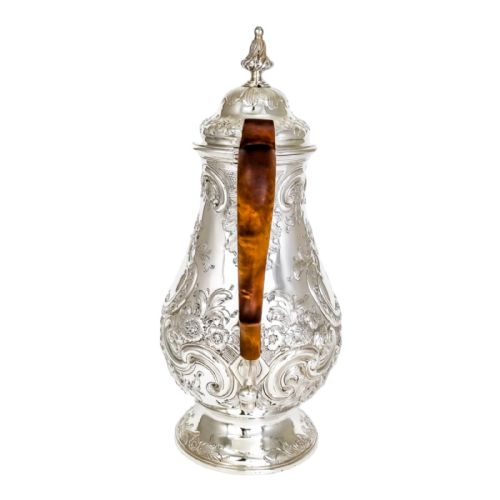 fig 2. Antique George III sterling silver pear-shaped Rococo repousse coffeepot, 1767