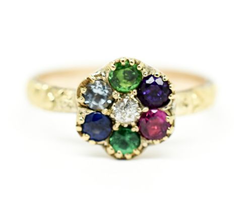Victorian "Dearest" Acrostic Daisy Cluster Size M Ring (Diamond, Emerald, Amethyst, Ruby, Emerald, Sapphire, Topaz)