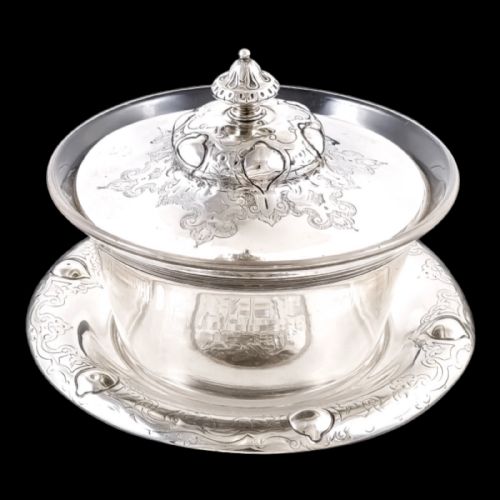 Early Victorian Edward & John Barnard Sterling Silver Large Butter Dish, Islamic Design, Coat of Arms