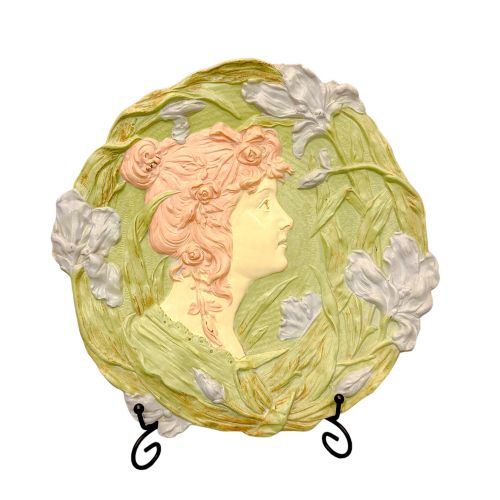 Art Nouveau Ernst Wahliss Vienna Secession Wall Plate of Young Woman Among Iris Flowers
