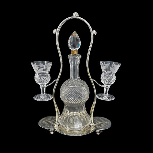 Antique Victorian Edinburgh Crystal 'Thistle' Decanter Set, 2 Cordial Glasses, Silver Plated Stand