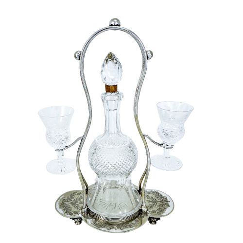 fig 1. Antique Victorian Edinburgh crystal 'Thistle' decanter set, 2 cordial glasses, silver plated stand
