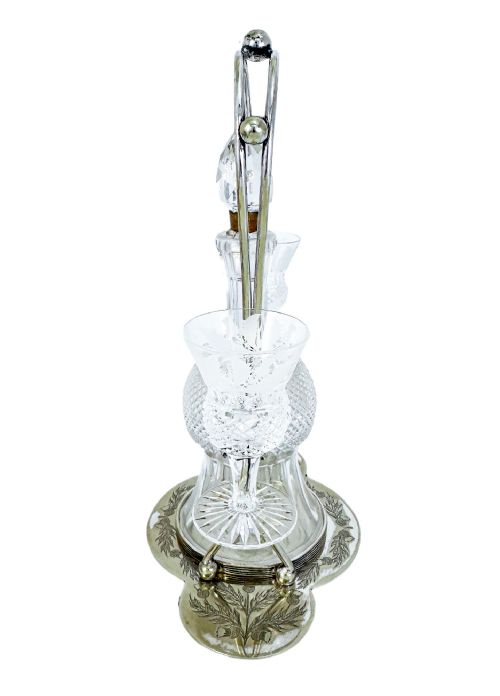 fig 2. Antique Victorian Edinburgh crystal 'Thistle' decanter set, 2 cordial glasses, silver plated stand