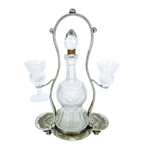 fig 3. Antique Victorian Edinburgh crystal 'Thistle' decanter set, 2 cordial glasses, silver plated stand