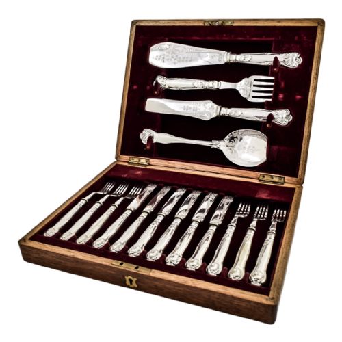 Victorian Queens Silver Plate 16 Piece 6 Person Fish Cutlery Set, 4 Servers in Oak Canteen