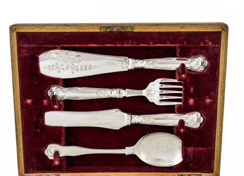 fig 2. Victorian Queens silver plate 16 piece 6 person fish cutlery set, 4 servers in oak canteen