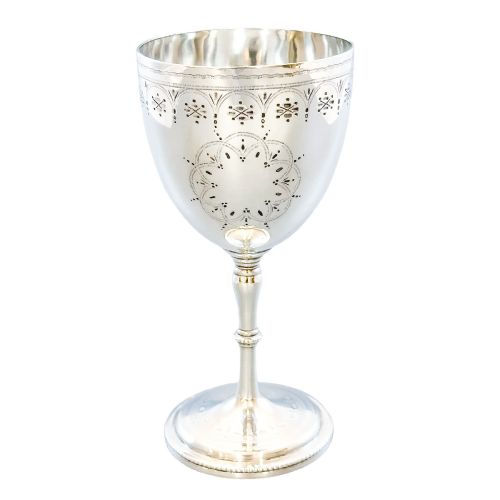 Antique Mid-victorian Sterling Silver Chalice Goblet Engraved with Floral Wriggle-work Borders, Henry Holland (1868)