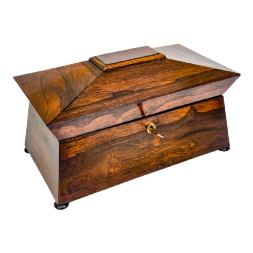 Antique 1830’S William IV Rosewood Sarcophagus Tea Caddy with Mixing Bowl and Interior Lids