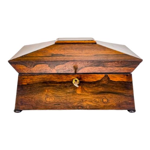 fig 1. Antique 1830’s William IV rosewood sarcophagus tea caddy with mixing bowl and interior lids