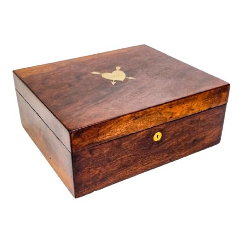 Antique Victorian Rosewood Sewing Work Jewellery Storage Box with Heart and Arrows Cartouche and Tray, Romantic Valentine's Gift