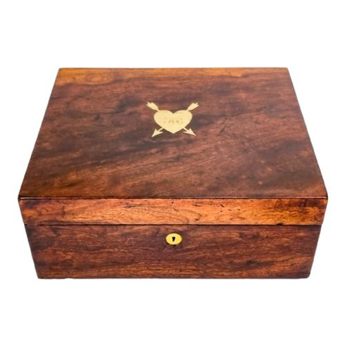 fig 1. Antique Victorian rosewood sewing work jewellery storage box with heart and arrows cartouche and tray, romantic Valentine's gift