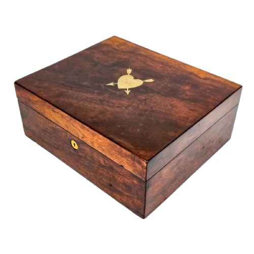 fig 2. Antique Victorian rosewood sewing work jewellery storage box with heart and arrows cartouche and tray, romantic Valentine's gift