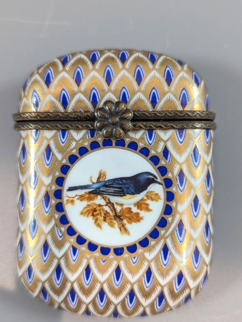 Antique French Bronze and Enamel Porcelain Match Box, Porcelain Vesta Case