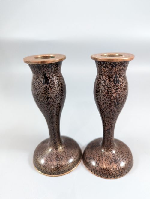 Antique  Chinese Black Cloisonne   Enamel Candlesticks  19th Century
