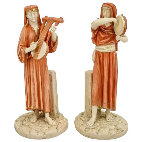 Pair of Victorian Royal Worcester (James Hadley) Figurines of Egyptian Musicians, Model 1084