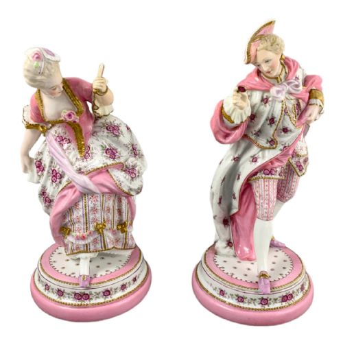 Antique Vion & Baury Paris Porcelain Pair of 2 Figurines of Masquerade Dancers, Rococo Pink Floral Costumes