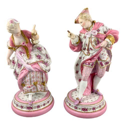 fig 1. Antique Vion & Baury Paris porcelain pair of 2 figurines of masquerade dancers, Rococo pink floral costumes