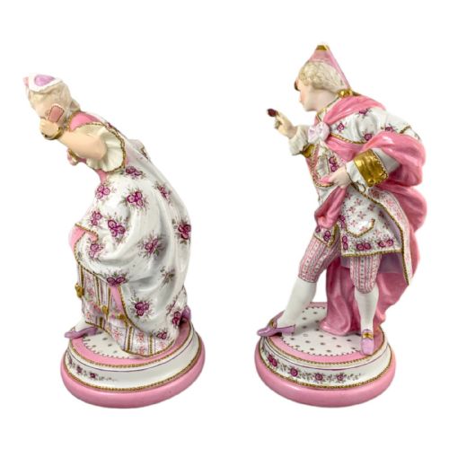 fig 2. Antique Vion & Baury Paris porcelain pair of 2 figurines of masquerade dancers, Rococo pink floral costumes