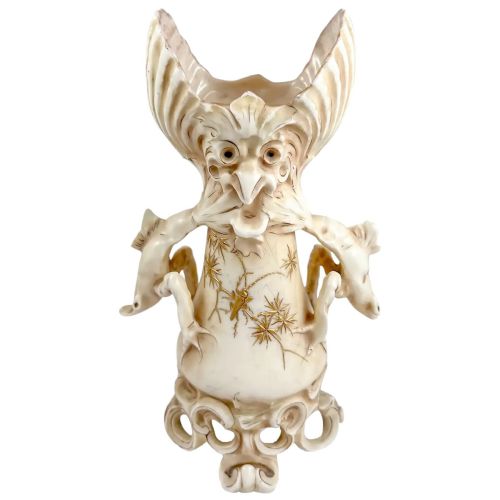 Antique  Alfred Stellmacher for Turn Teplitz Porcelain Grotesque Vase with Amphibious Handles and Gargoyle Sea Monster Mask