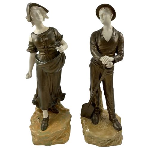 Antique Pair of Art Nouveau Theodore Schoop for Bernard Bloch Porcelain Figurines, Farming Peasant Couple