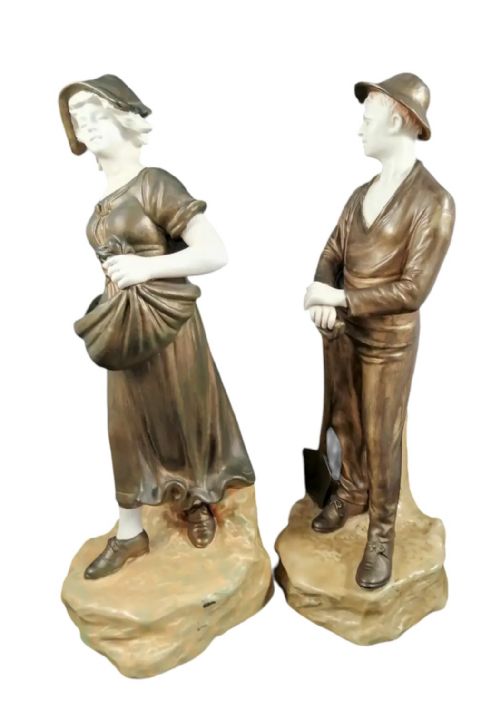 fig 1. Antique pair of Art Nouveau Theodore Schoop for Bernard Bloch porcelain figurines, farming peasant couple